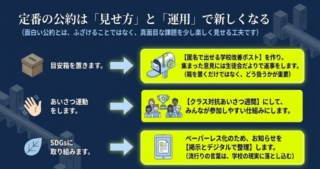 目安箱、あいさつ運動、SDGsなどの定番公約を具体的な運用に変える例を示すスライド