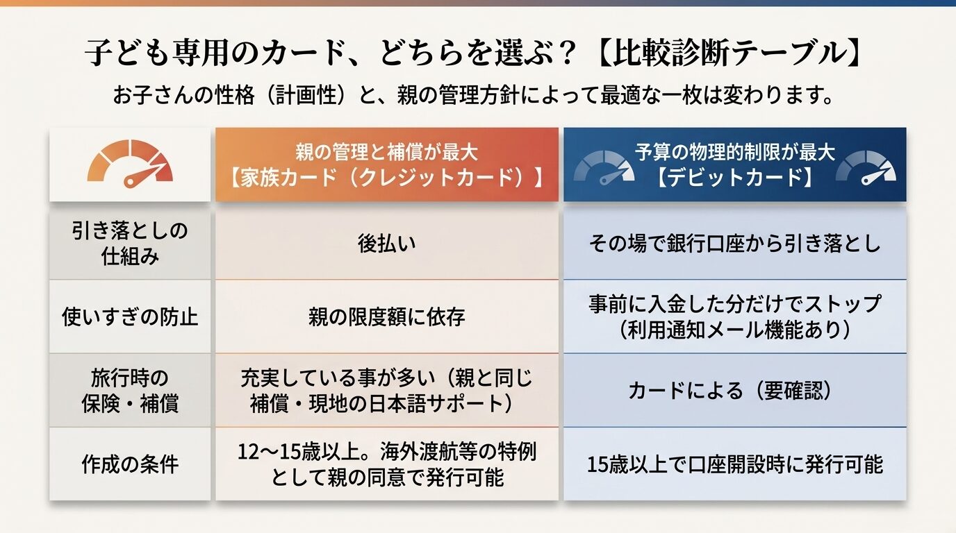 高校生向けの家族カード(クレジットカード)とデビットカードの仕組み、使いすぎ防止、保険などの比較診断テーブル