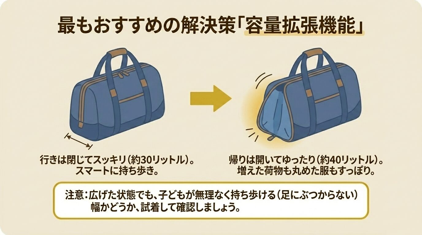 容量拡張機能付きバッグの図解。行きはファスナーを閉じて約30L、帰りはマチを広げて約40Lとして使い分ける様子を示している。