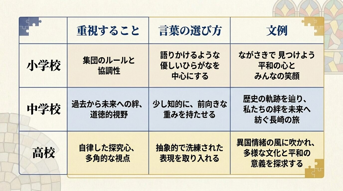 小学校（重視：集団のルールと協調性、文例：ながさきで見つけよう 平和の心と みんなの笑顔）、中学校（重視：過去から未来への絆、文例：歴史の軌跡を辿り、私たちの絆を未来へ紡ぐ長崎の旅）、高校（重視：自律した探究心、文例：異国情緒の風に吹かれ、多様な文化と平和の意義を探求する）をまとめた対応表。