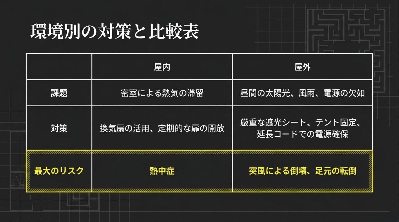 屋内と屋外における設営の課題、対策、熱中症や倒壊といった最大のリスクを比較した表