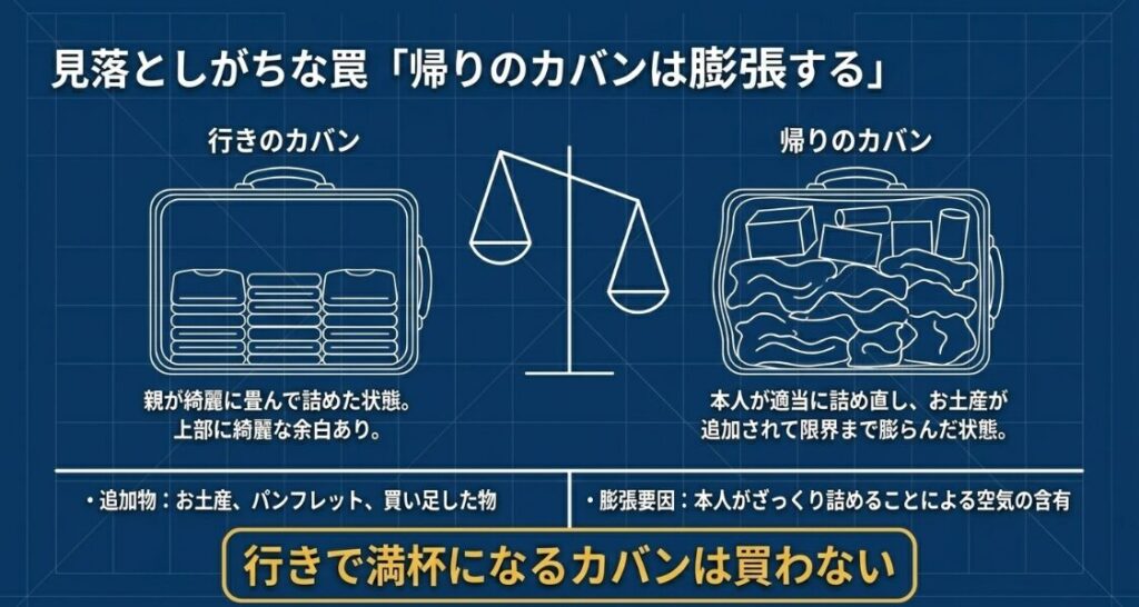 見落としがちな罠「帰りのカバンは膨張する」。追加のお土産や本人が適当に詰め直すことでカバンは限界まで膨らむ