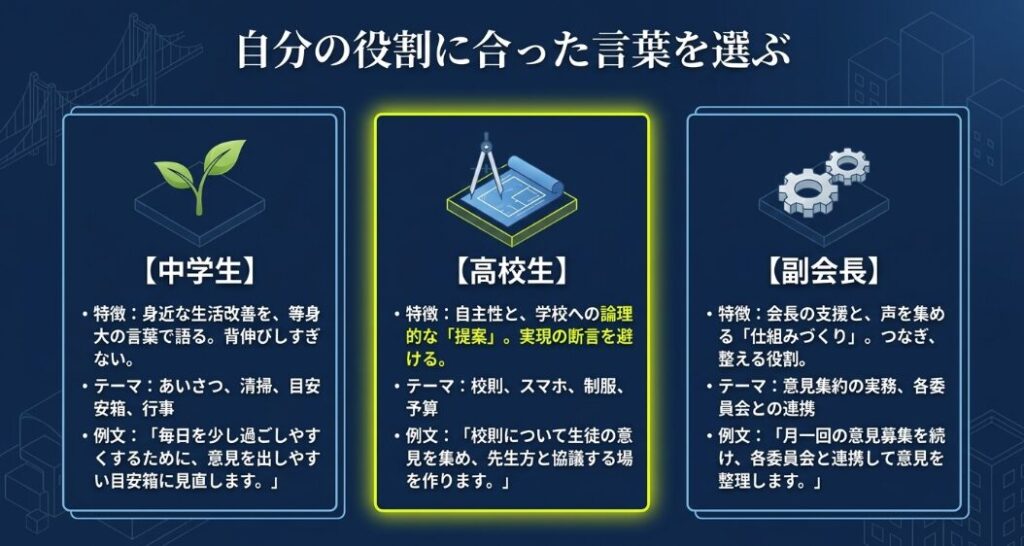 中学生、高校生、副会長それぞれに合う公約テーマと言葉の選び方を比較したスライド
