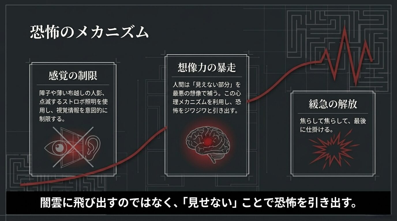感覚の制限、想像力の暴走、緩急の解放という3つの要素で恐怖を引き出すメカニズムを解説した図式