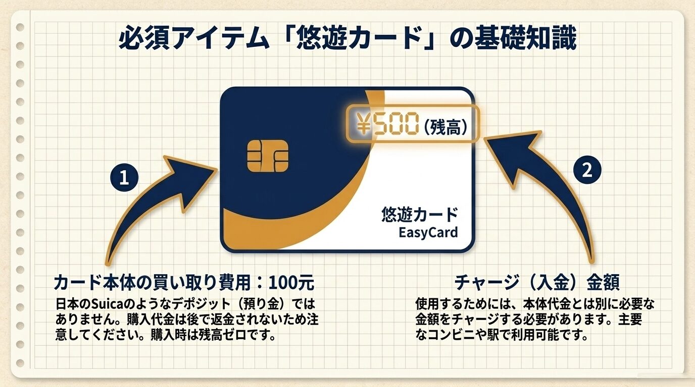 悠遊カードの本体代金100元と、別途必要なチャージ方法についての基本情報