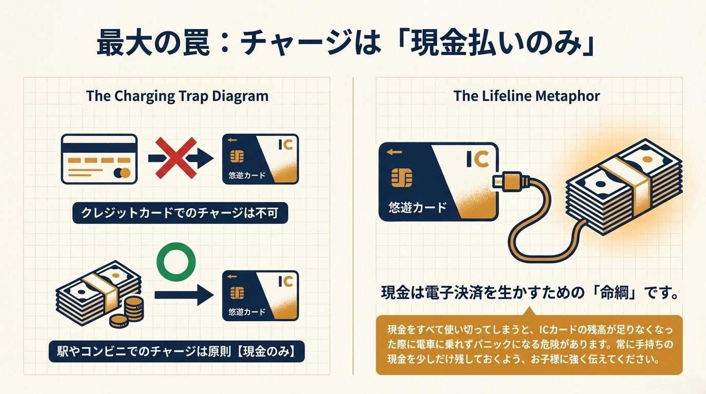 駅やコンビニでの悠遊カードチャージは原則現金のみであり、クレジットカードが使えないことを示す注意喚起の図解