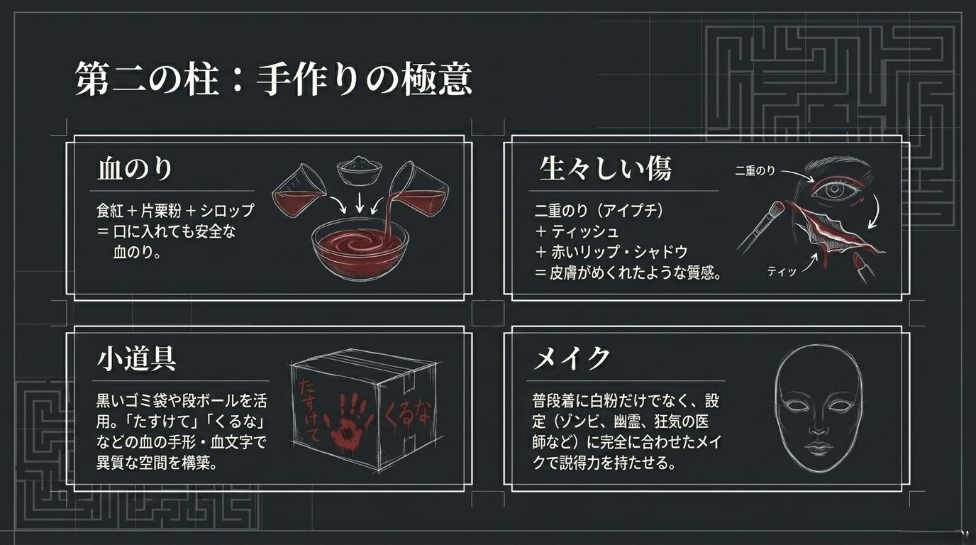 食紅を使った血のりの作り方や、黒いゴミ袋を使った小道具、二重のりなどを使った生々しい傷メイクのレシピをまとめたスライド