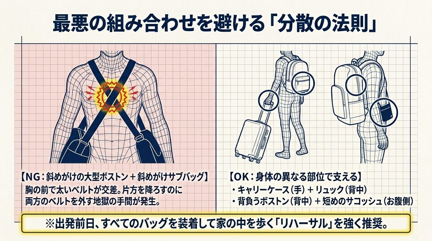 キャリーケースとリュックを併用する正しい例と、斜めがけバッグ同士が重なって動きにくくなるNG例の比較イラスト。