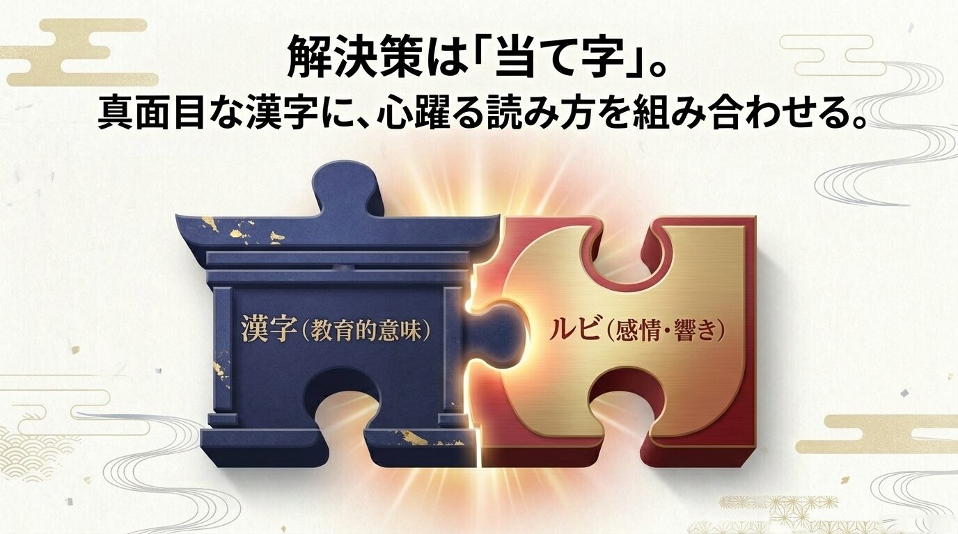 真面目な漢字（教育的意味）と心躍るルビ（感情・響き）を組み合わせる解決策を提示したスライド