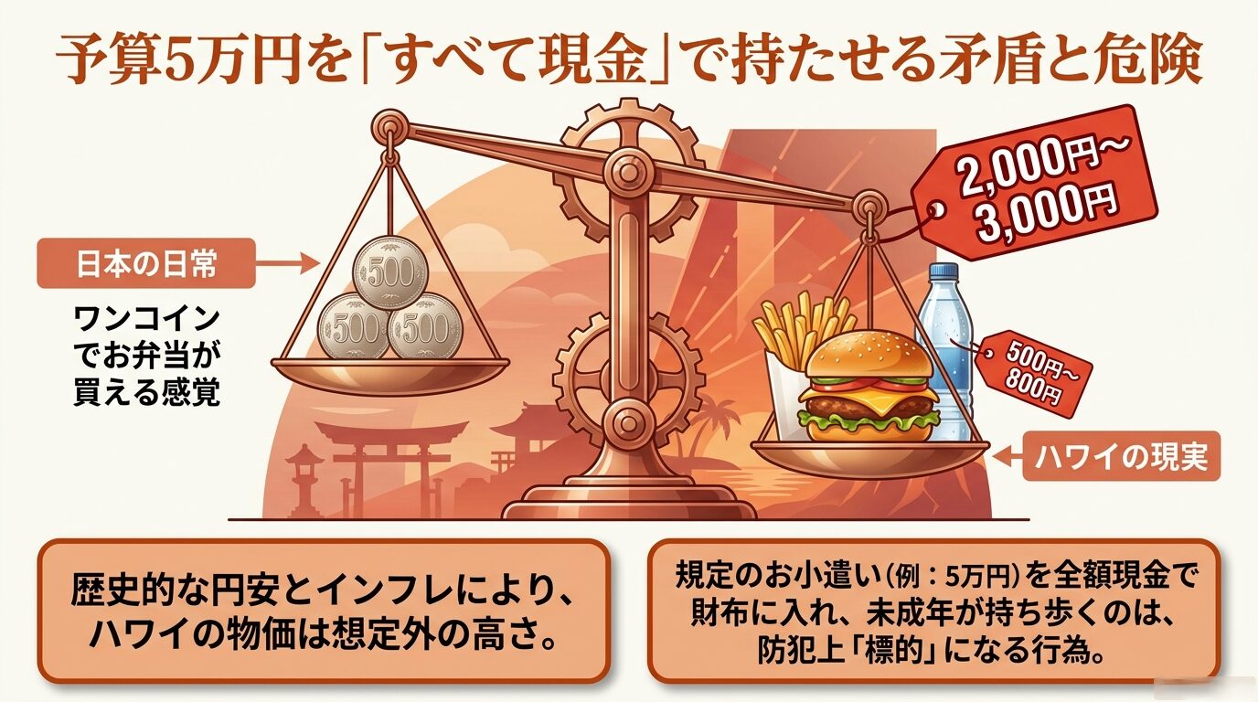 日本の日常(ワンコイン500円)とハワイの現実(ハンバーガーセット2,000円〜3,000円)の物価比較イラスト