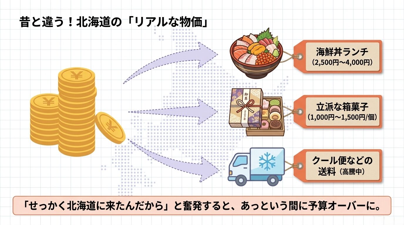 2,500円から4,000円の海鮮丼ランチや、1個1,000円から1,500円の立派な箱菓子、高騰中のクール便などの送料により、あっという間に予算オーバーになることを警告する図解