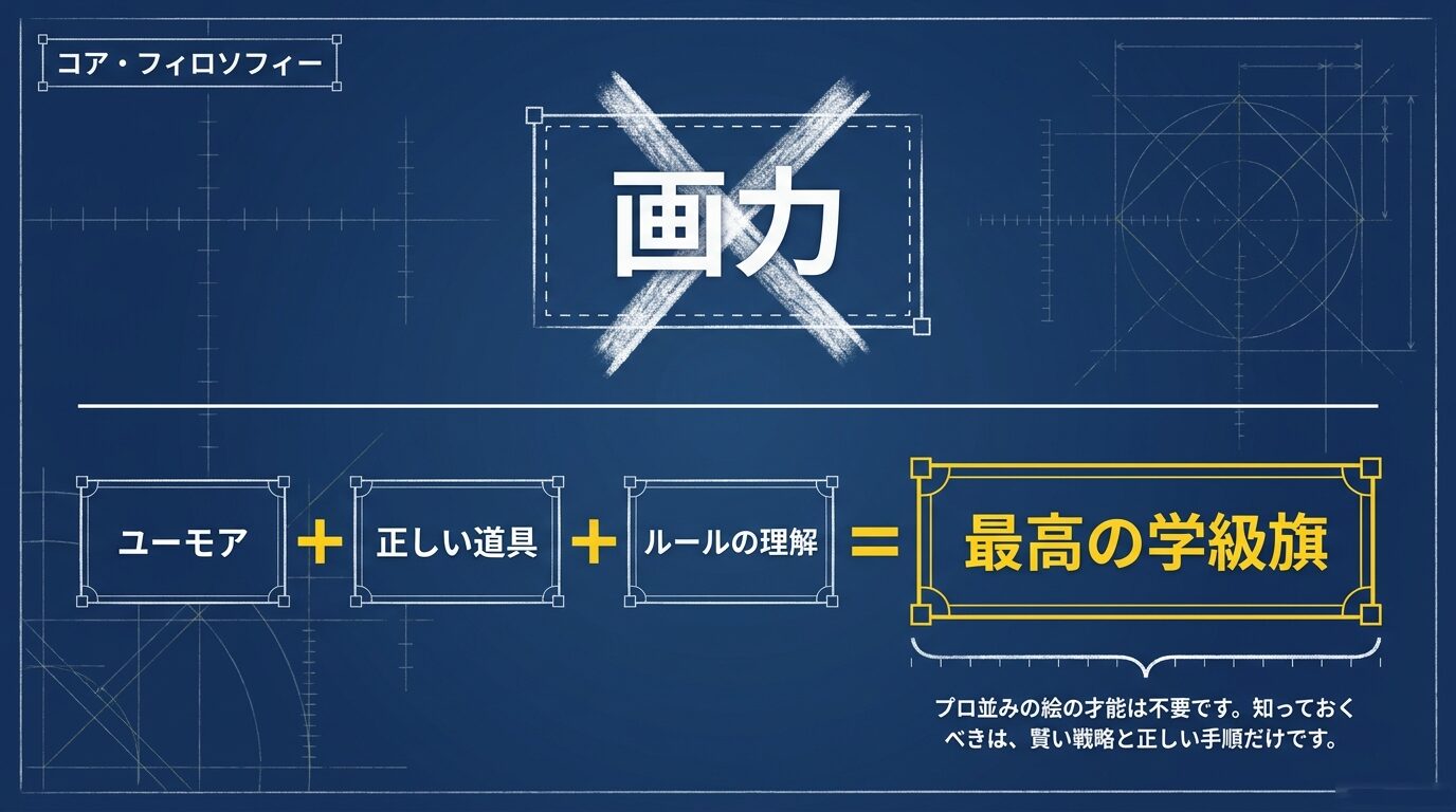 画力ではなく「ユーモア＋正しい道具＋ルールの理解」が最高の学級旗を作るというコア・フィロソフィーの説明図。