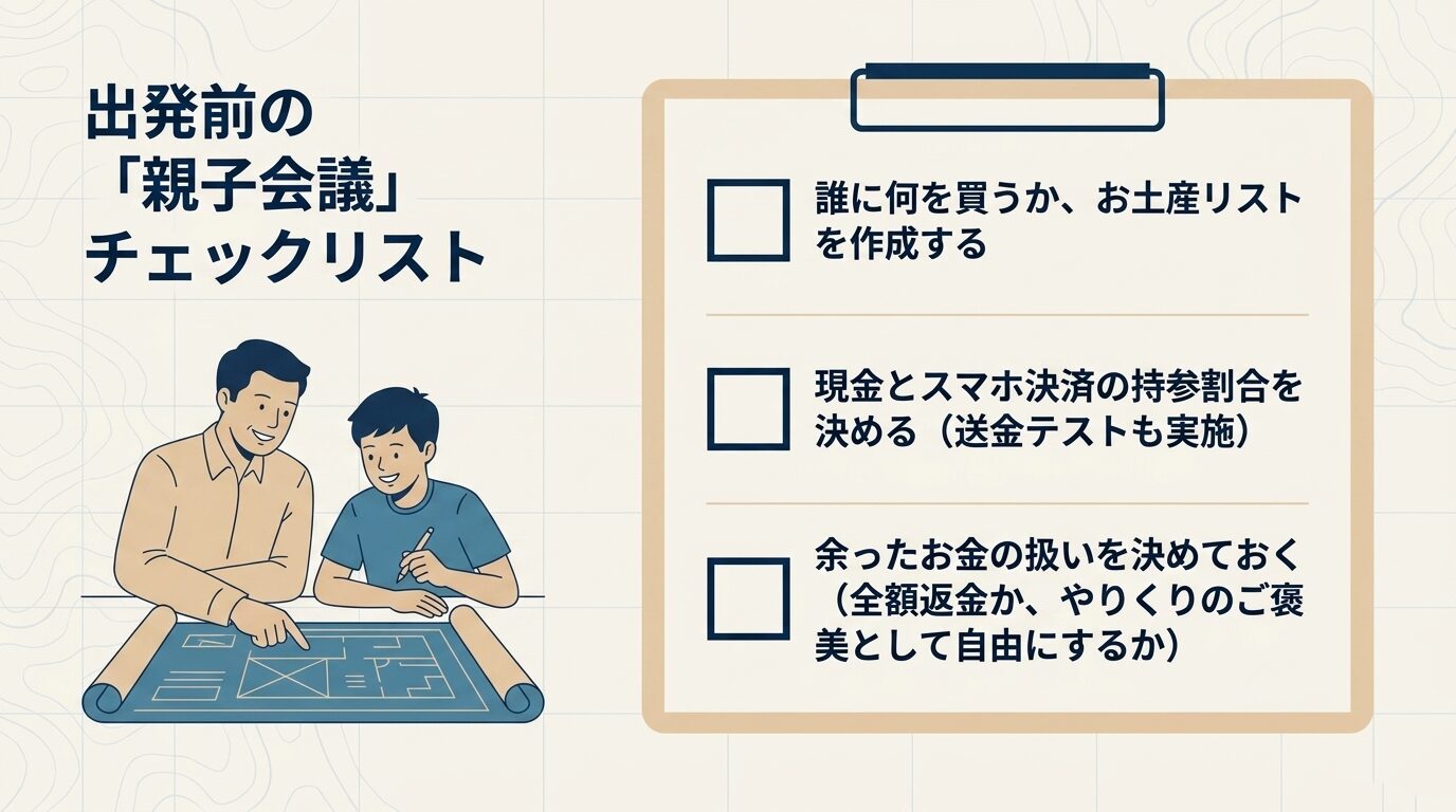 お土産リスト、現金とスマホ決済の割合、余ったお金の扱いなど、出発前に親子で決めるべきチェックリスト。