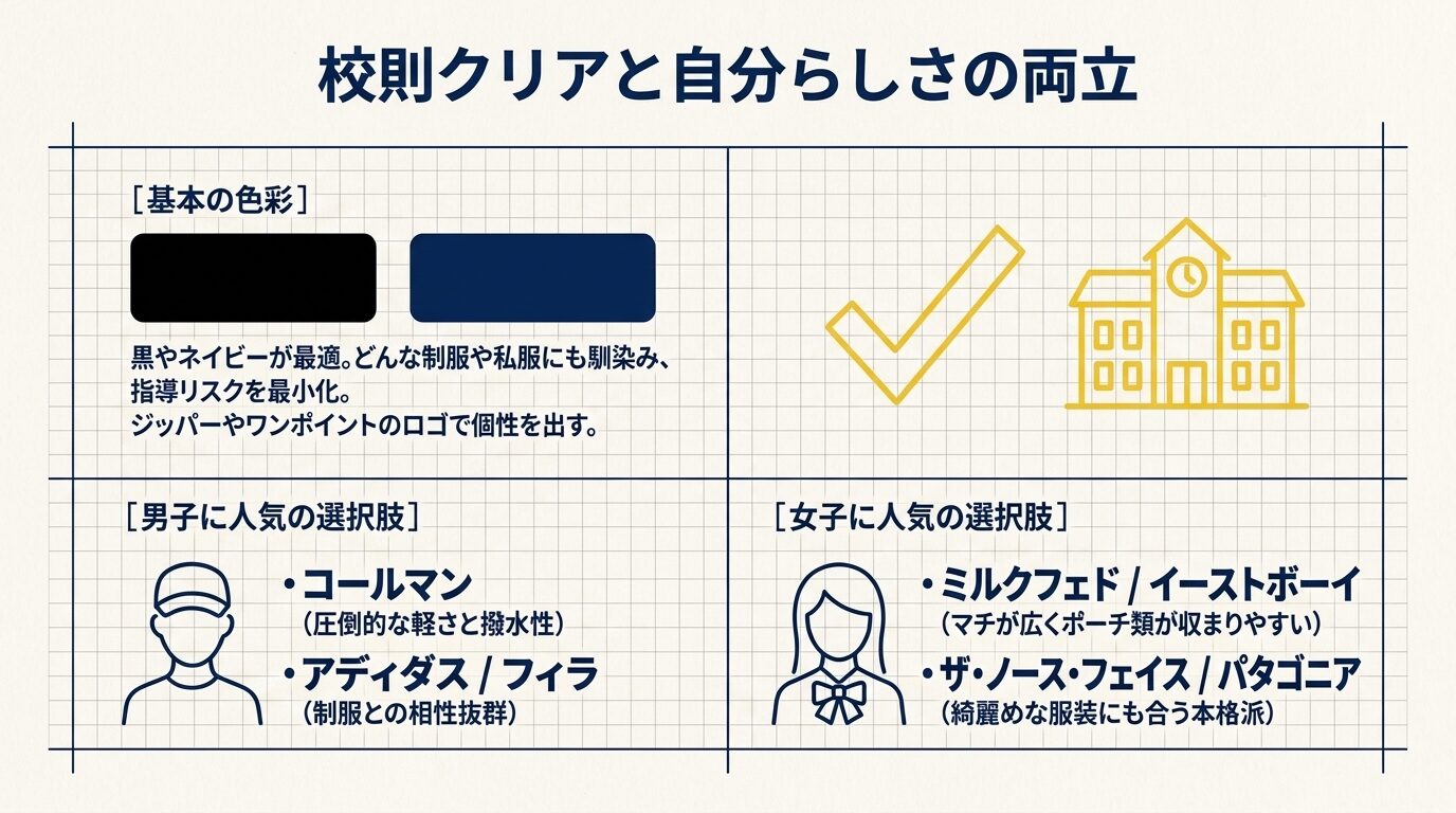 男女の高校生のアイコン。ベースカラー（黒・ネイビー）の推奨と、コールマン、アディダス、ミルクフェド、ノースフェイスなどの人気ブランドリスト。