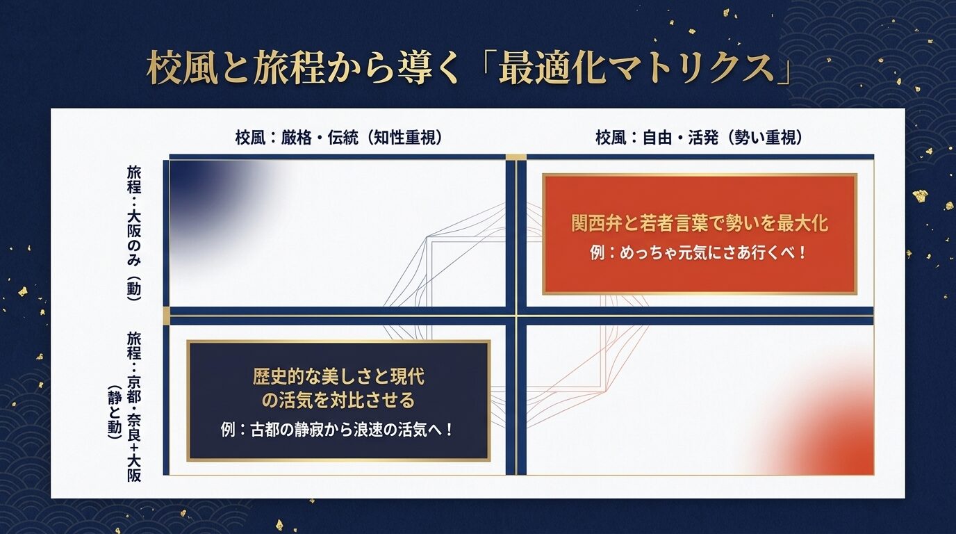 校風(厳格・伝統、自由・活発)と旅程(大阪のみ、京都・奈良+大阪)を軸にした最適化マトリクスのスライド。「歴史的な美しさと現代の活気を対比させる 例:古都の静寂から浪速の活気へ!」と「関西弁と若者言葉で勢いを最大化 例:めっちゃ元気にさあ行くべ!」の2つの方向性を提示している。