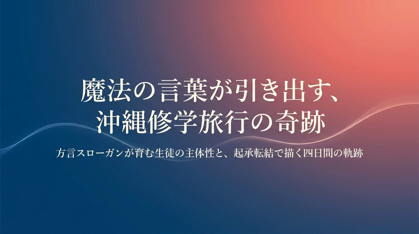 プレゼンテーションの表紙。「魔法の言葉が引き出す、沖縄修学旅行の奇跡。方言スローガンが育む生徒の主体性と、起承転結で描く四日間の軌跡」というタイトルテキストが記載されたスライド。
