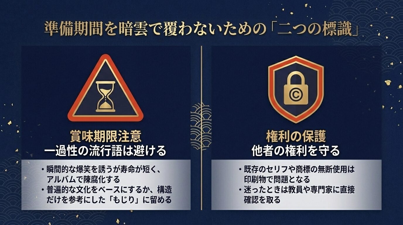 砂時計の「賞味期限注意」標識と、鍵・コピーライトマークの「権利の保護」標識のイラスト。一過性の流行語は寿命が短くアルバムで陳腐化するため避けること、既存のセリフや商標の無断使用は問題になるため他者の権利を守り迷ったら教員に確認することを説明している。