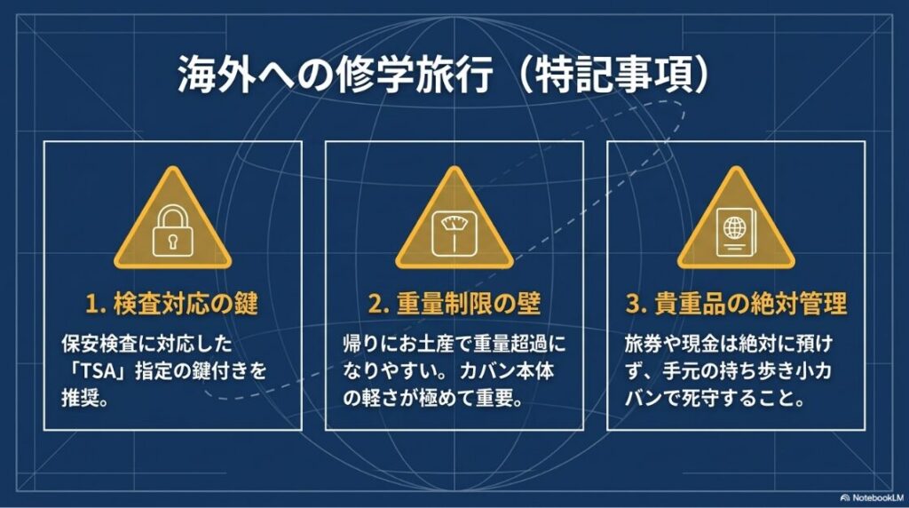 海外への修学旅行特記事項。TSA対応の鍵、重量制限への配慮、持ち歩き小カバンでの貴重品の絶対管理が重要