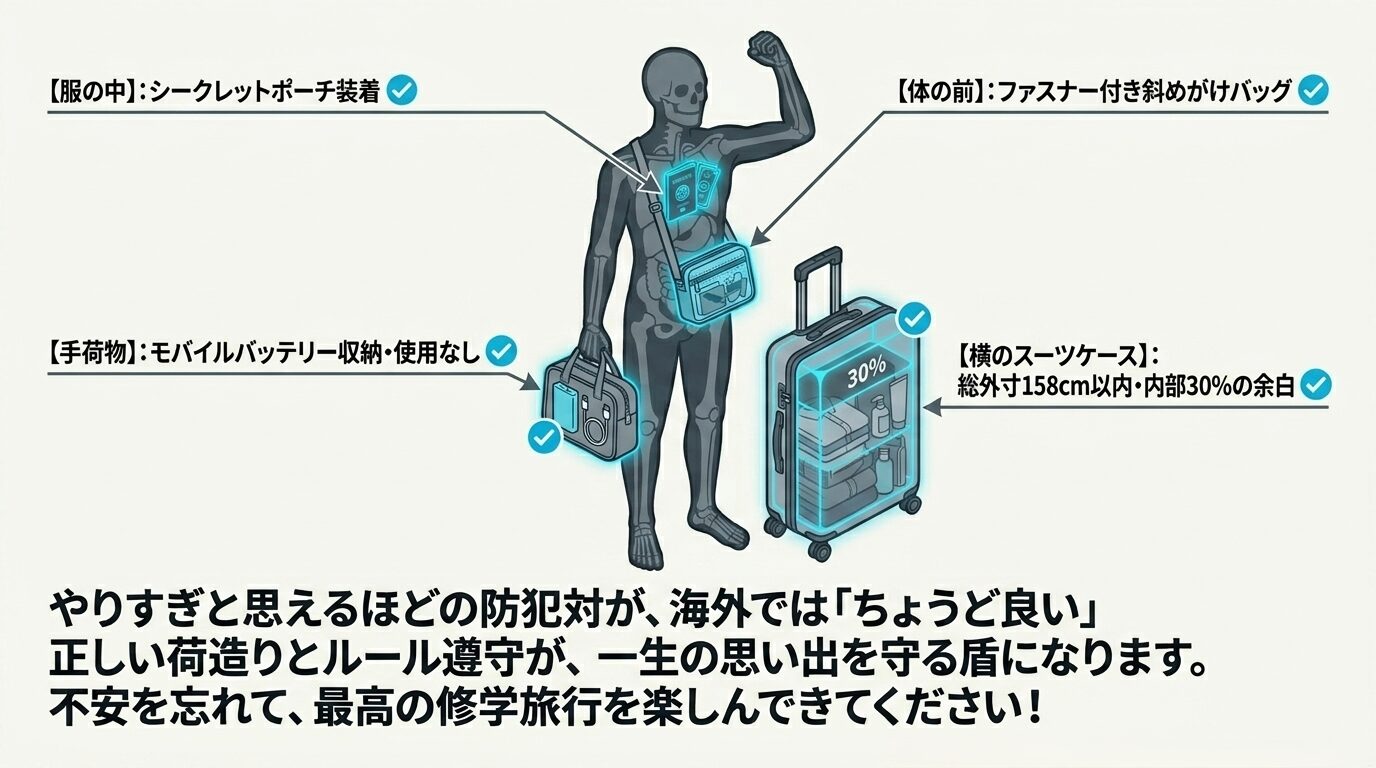 シークレットポーチ、斜めがけバッグ、30%の余白があるスーツケースを装備した、防犯意識の高い旅行者の全身イラスト。