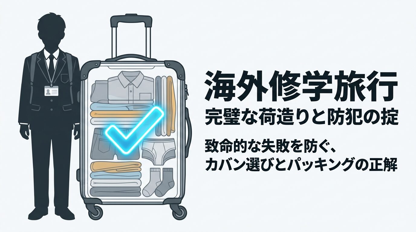 スーツケースと制服姿の生徒のシルエット。海外修学旅行のパッキングと防犯の重要性を伝えるタイトル画像。