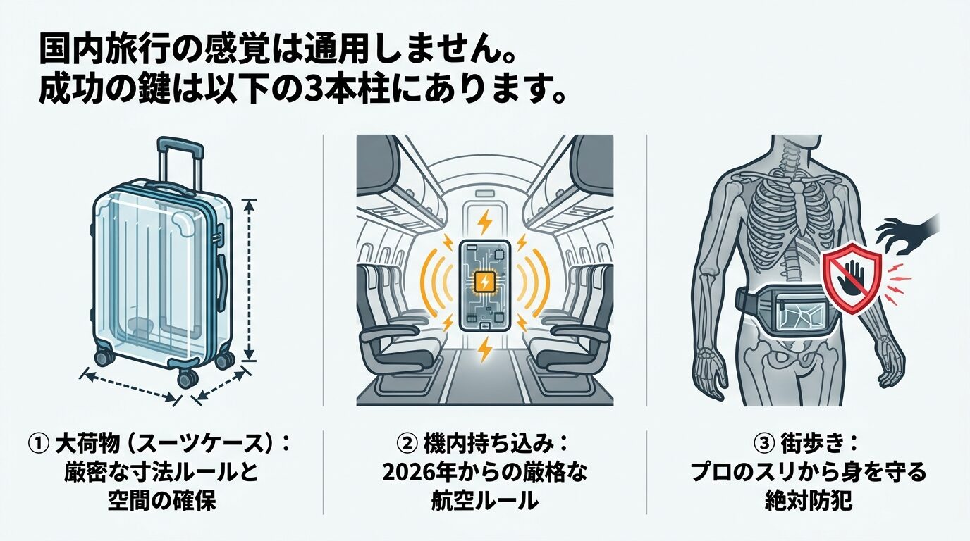 スーツケースの寸法、機内持ち込みルール、街歩きの防犯という、海外旅行で守るべき3つの柱を示したイラスト。