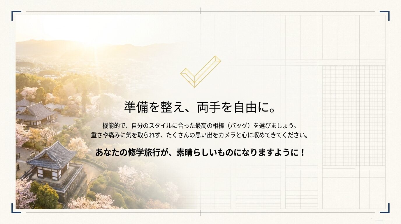 機能を備えたバッグを選び、カメラや心にたくさんの思い出を収めてきてほしいというメッセージスライド。