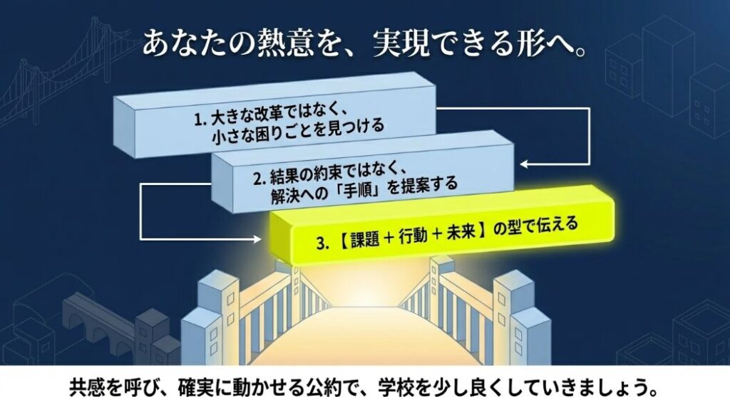 大きな改革ではなく小さな困りごとを見つけ、手順を提案し、課題・行動・未来で伝える流れをまとめたスライド