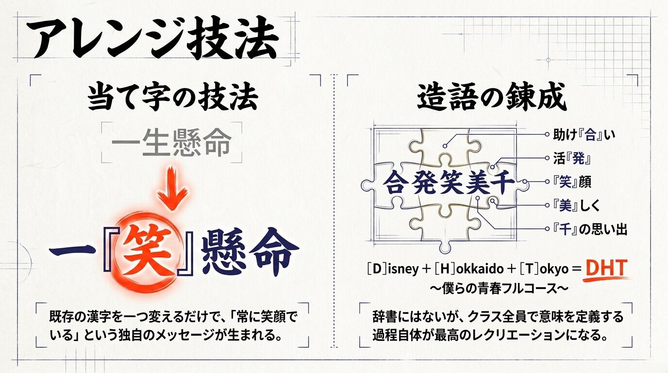 「一笑懸命」などの当て字や、パズルのように漢字を組み合わせる「合発笑美千」などの造語を作るテクニックの図