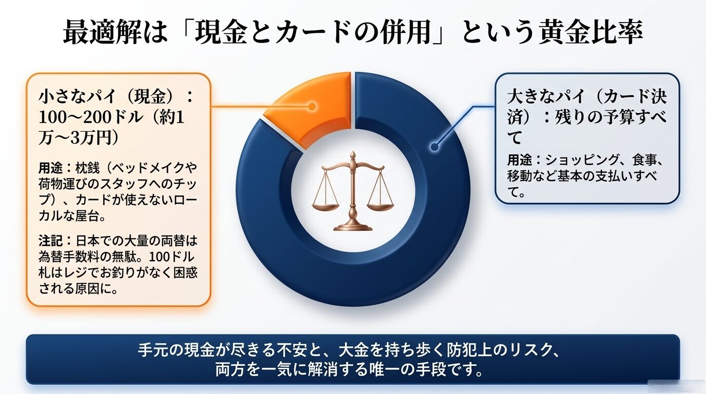 修学旅行のお小遣いの最適解である、少額の現金(100〜200ドル)と残りをすべてカード決済にする黄金比率の図解