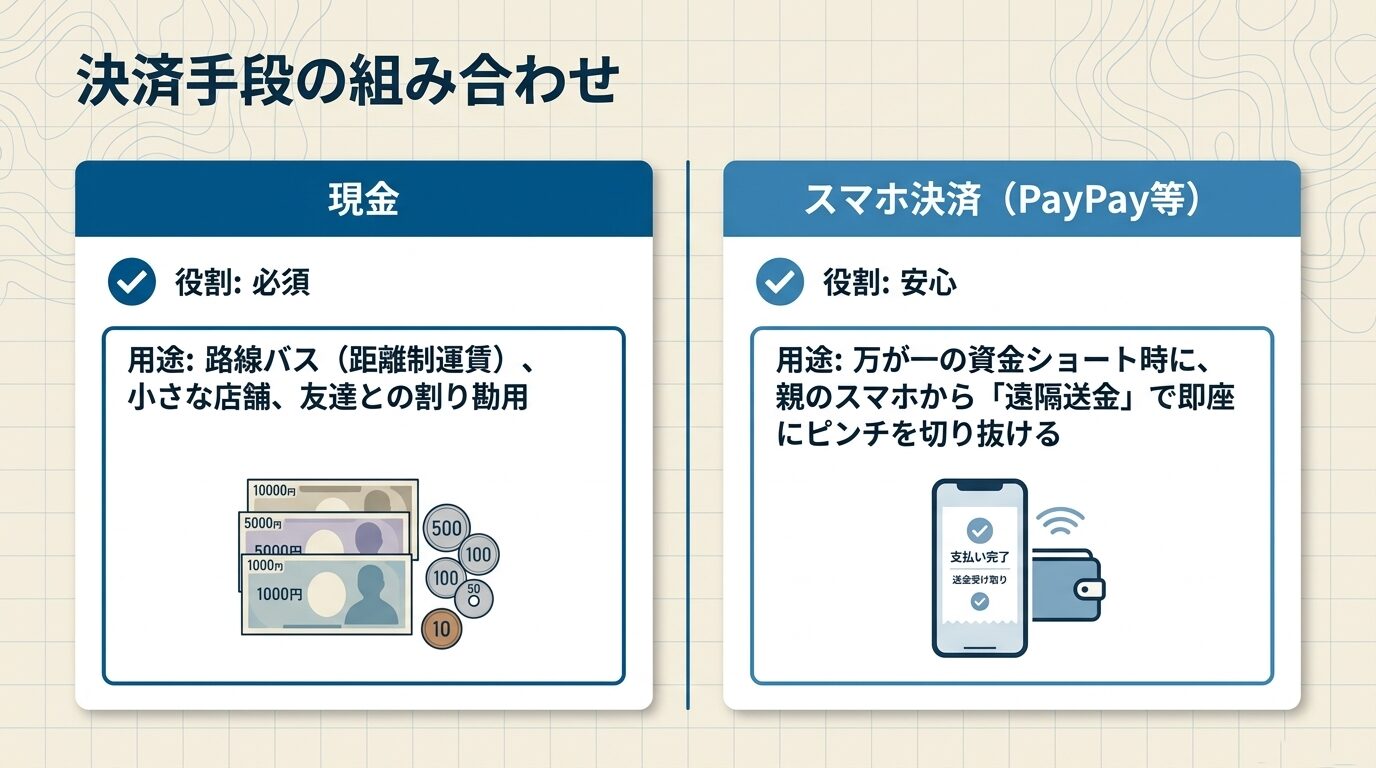 バスや小規模店舗用の現金と、万が一の遠隔送金に対応できるスマホ決済（PayPay等）の使い分け。