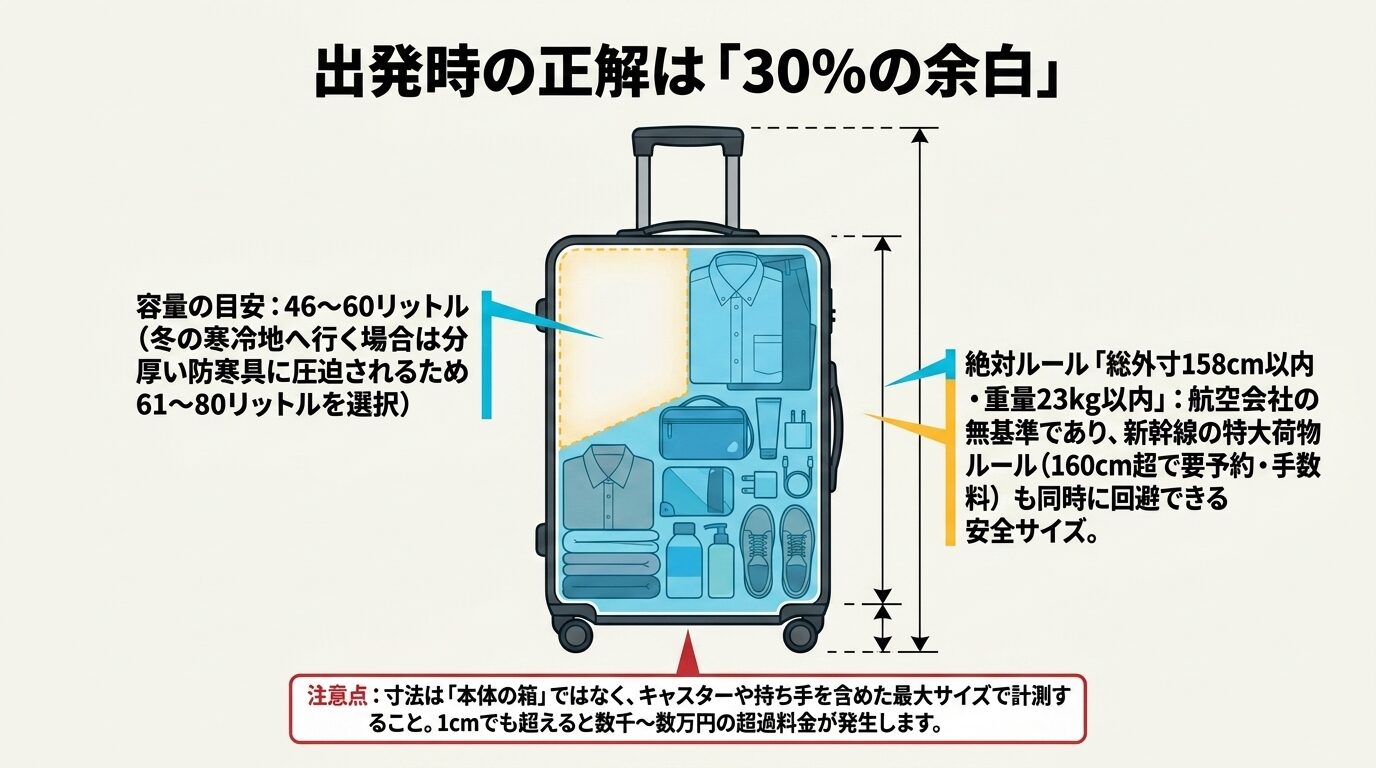 スーツケース内部の30%を空けるパッキング例と、46〜60リットルの容量目安、総外寸158cm以内のルールを説明する図解。