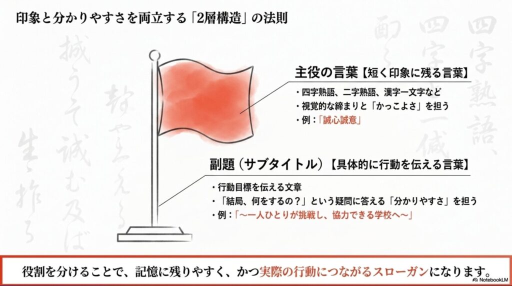 生徒会スローガンは主役の言葉とサブタイトルに分けると、印象と分かりやすさを両立できることを示す図解
