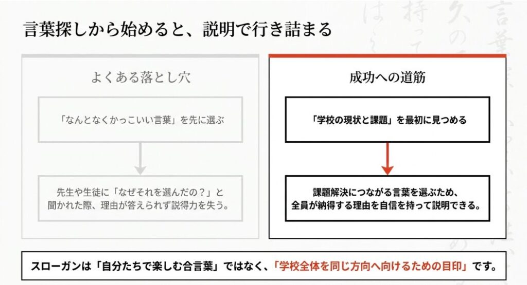 生徒会スローガンを言葉探しから始めると説明で行き詰まりやすく、学校の課題から考えることが大切だと示すスライド