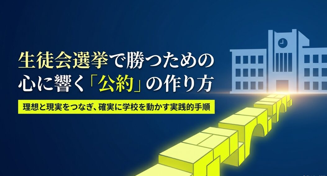 生徒会選挙で勝つために、理想と現実をつなぎ学校を動かす公約作りを解説するスライド