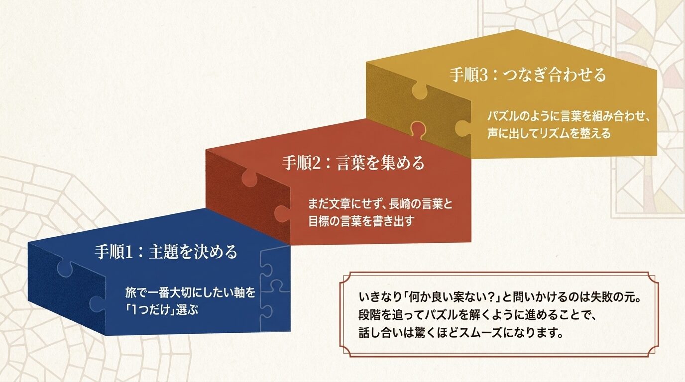 手順1：主題を決める（旅で一番大切にしたい軸を1つだけ選ぶ）、手順2：言葉を集める（まだ文章にせず長崎の言葉と目標の言葉を書き出す）、手順3：つなぎ合わせる（パズルのように言葉を組み合わせ、声に出してリズムを整える）。段階を追ってパズルを解くように進めることで話し合いがスムーズになるという解説。