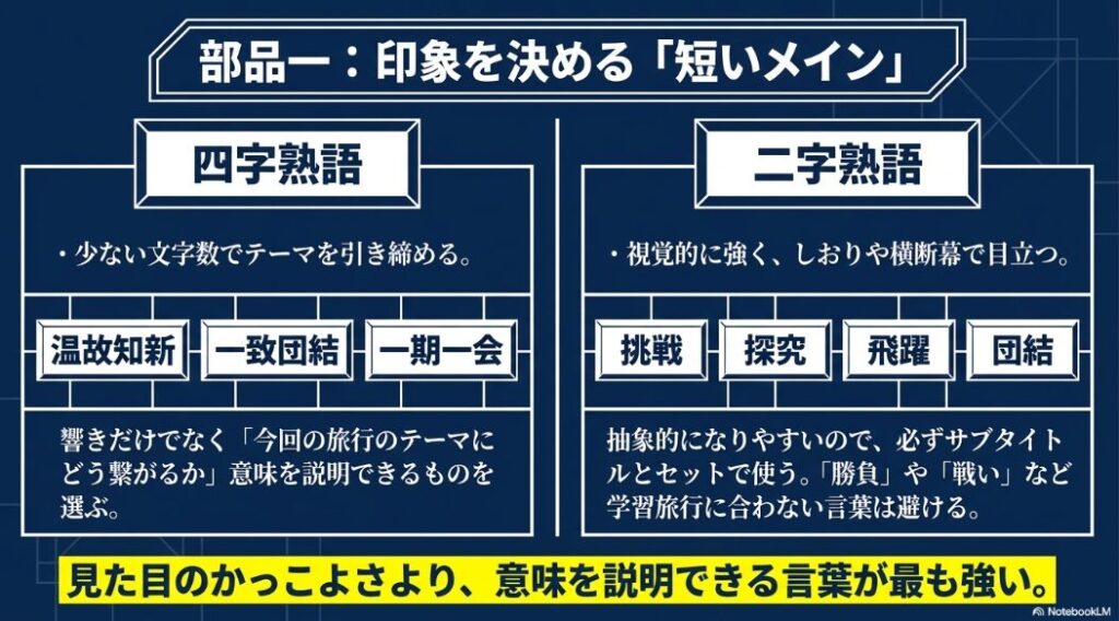 メインタイトルを行き先、仲間や成長、学びの要素で支えるサブタイトル設計図