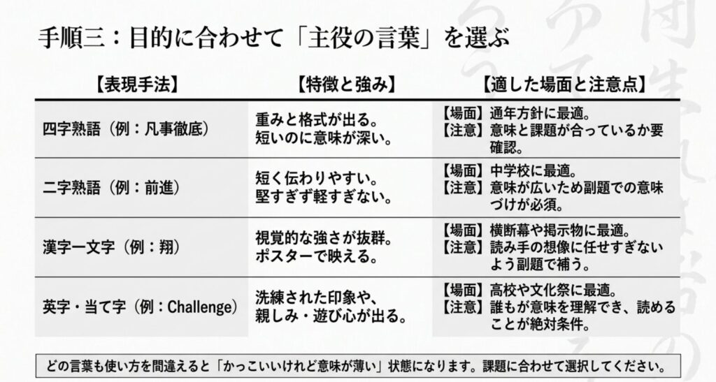 四字熟語、二字熟語、漢字一文字、英字や当て字の特徴と注意点を比較したスライド