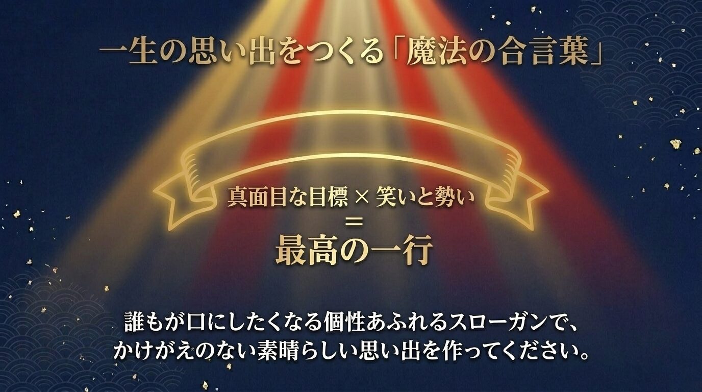 真面目な目標 × 笑いと勢い = 最高の一行、という数式風のまとめスライド。誰もが口にしたくなる個性あふれるスローガンで、かけがえのない素晴らしい思い出を作ってくださいというメッセージが書かれている。