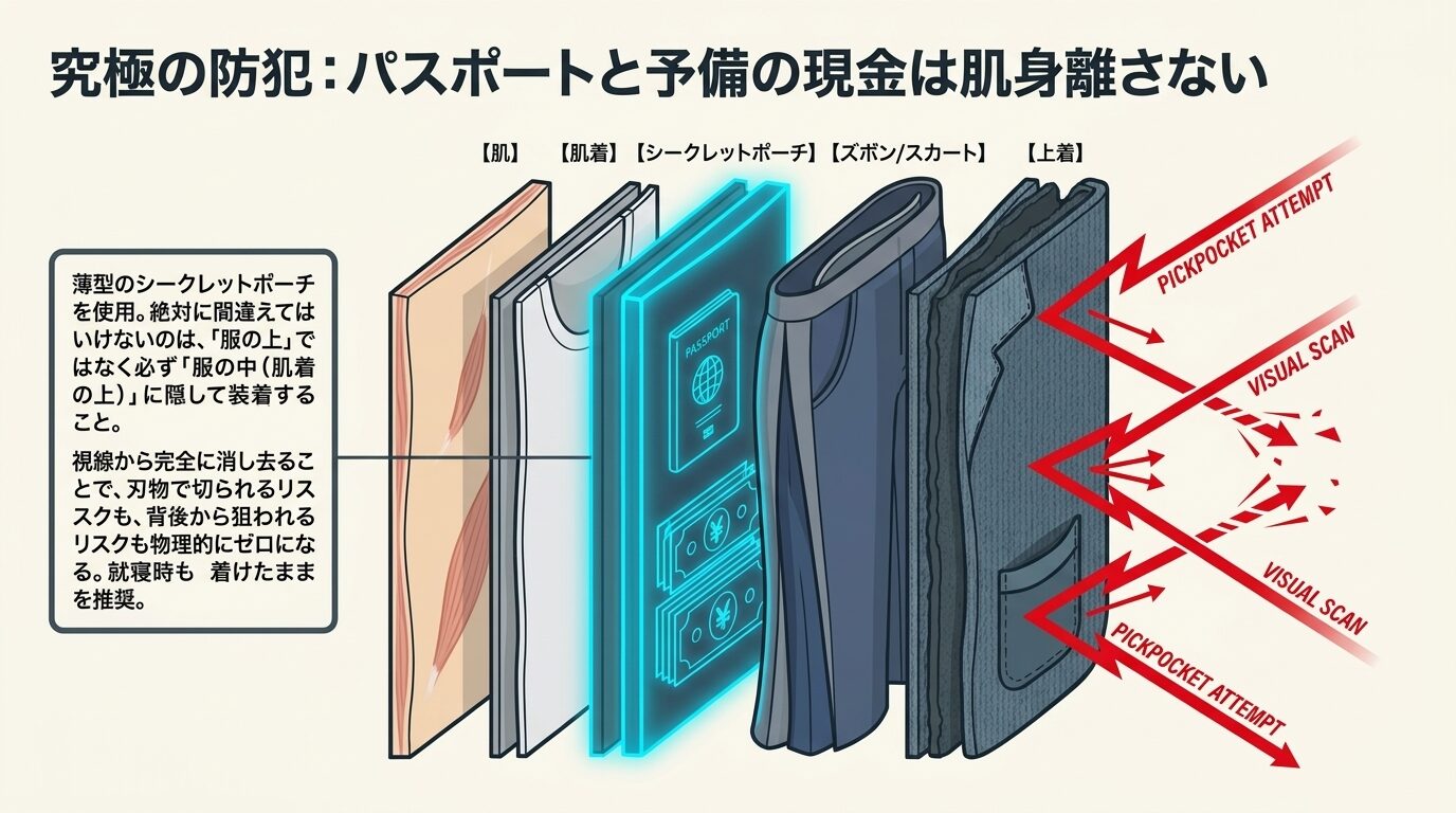 肌着の上にポーチを装着し、その上にズボンや上着を重ねることで、スリの視線からパスポートや現金を完全に隠す層構造のイラスト。