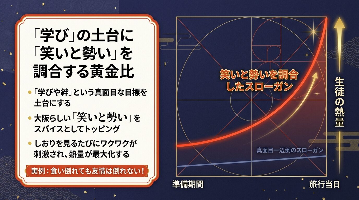 真面目一辺倒のスローガンと笑いと勢いを調合したスローガンの準備期間から旅行当日までの生徒の熱量の違いを示すグラフ。調合したスローガンは旅行当日に向けて熱量が右肩上がりに最大化することを示している。実例として「食い倒れても友情は倒れない!」が記載されている。