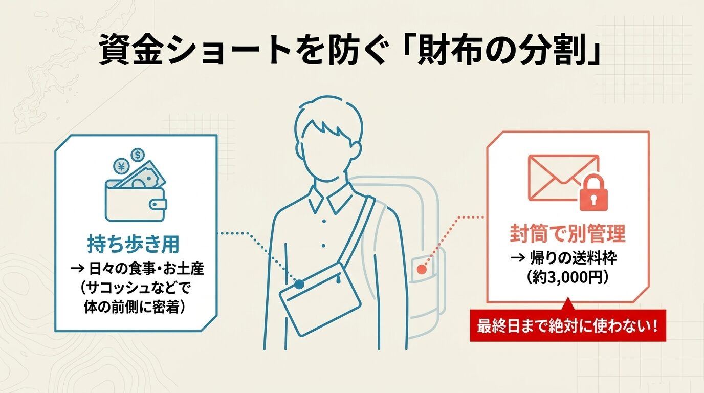 持ち歩き用財布と、送料などを別途管理する封筒に分ける防犯対策のイラスト。