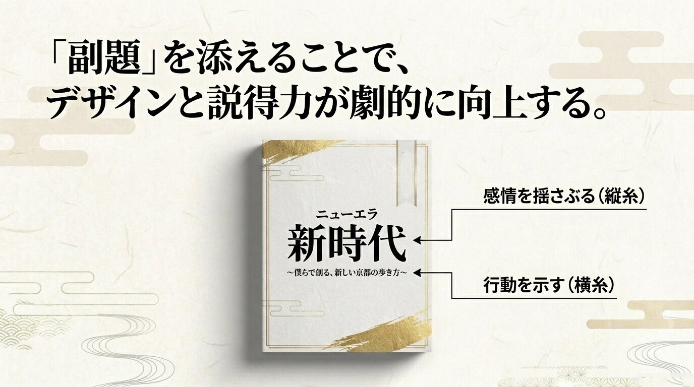 メインの当て字「新時代（ニューエラ）」に副題を添えることで、デザインと説得力が劇的に向上する理由を解説したスライド
