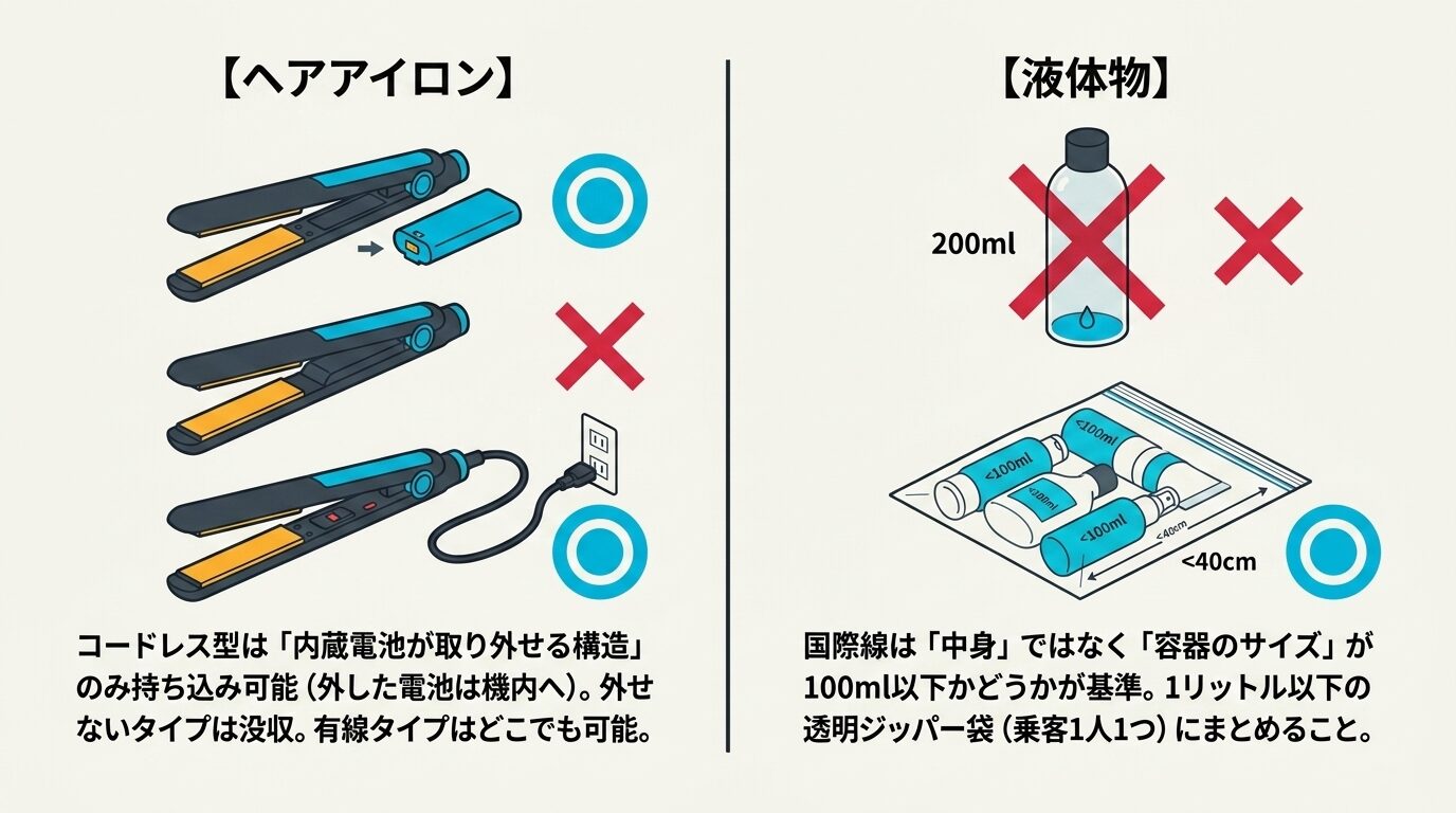 電池が外せるコードレスアイロンは持ち込み可、100ml以下の容器を透明袋にまとめる液体物ルールを説明する比較図。