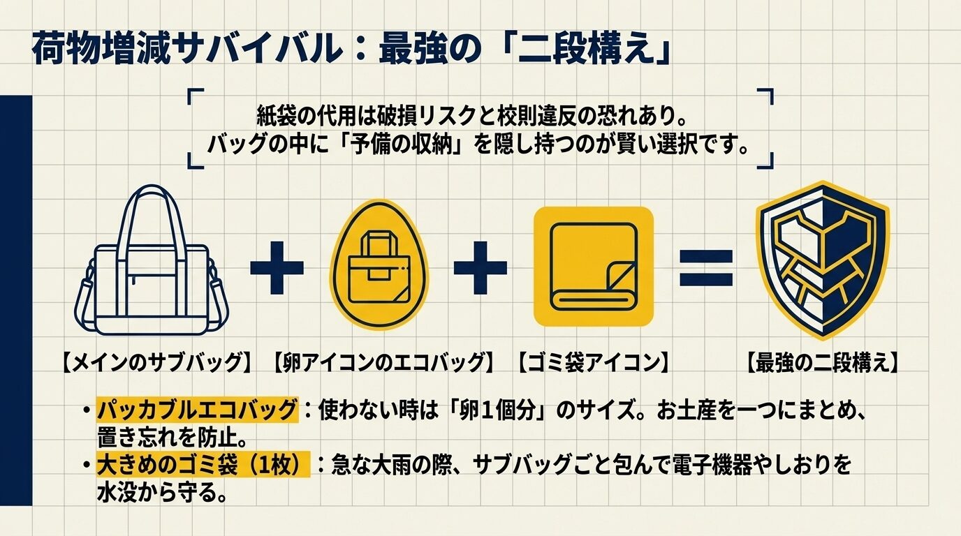 メインバッグに加え、卵サイズに畳めるエコバッグと、雨対策の大きなゴミ袋を予備として持つことを推奨するイラスト。