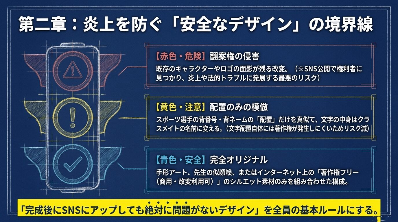 赤（翻案権侵害）、黄（配置のみの模倣）、青（完全オリジナル）という3段階で著作権リスクを解説した信号機の図解。