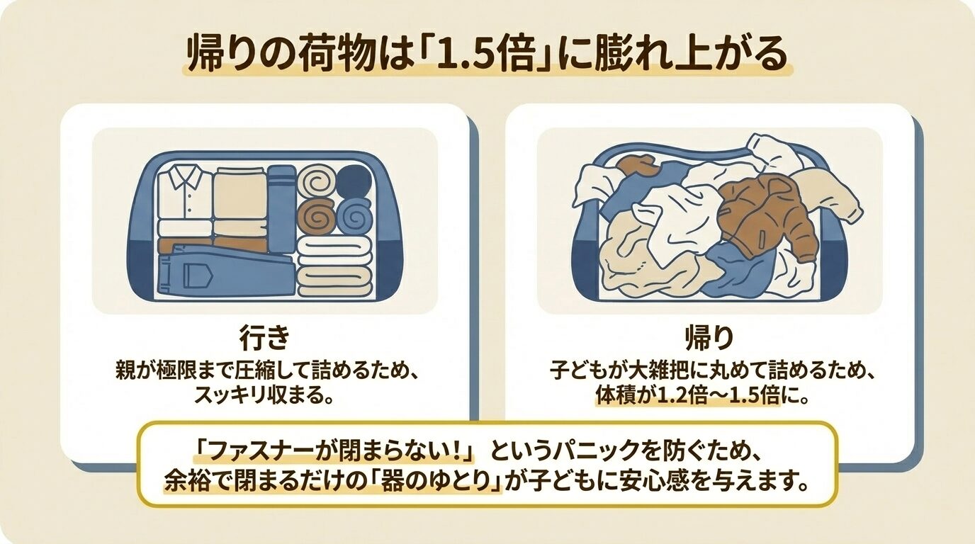 行きは親が綺麗にパッキングするが、帰りは子供が大雑把に詰めるため、体積が1.2〜1.5倍に膨らむことを示す比較イラスト。