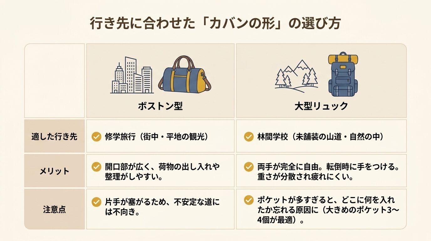 街中の観光には整理しやすいボストン型、未舗装の山道を歩く林間学校には両手が自由な大型リュックが適していることを示す比較表。