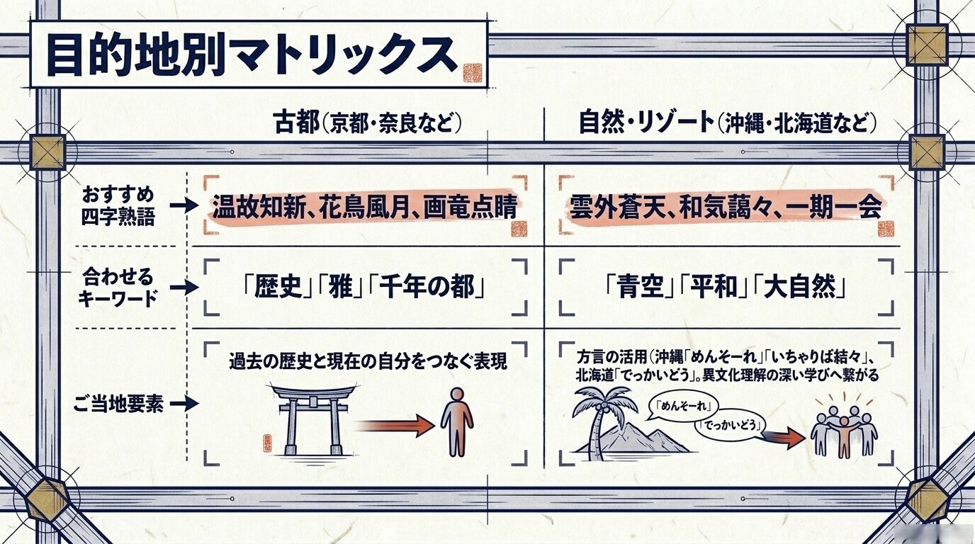 京都や奈良などの古都、沖縄や北海道などの自然・リゾート地に合わせたおすすめの四字熟語とキーワードの組み合わせ例