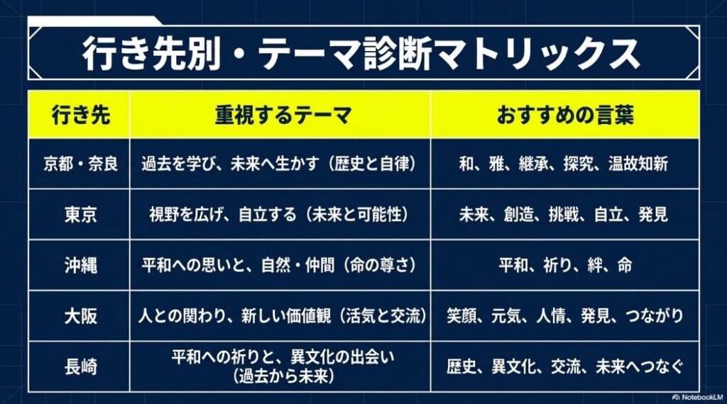 京都奈良、東京、沖縄、大阪、長崎ごとの重視テーマとおすすめ言葉をまとめた表