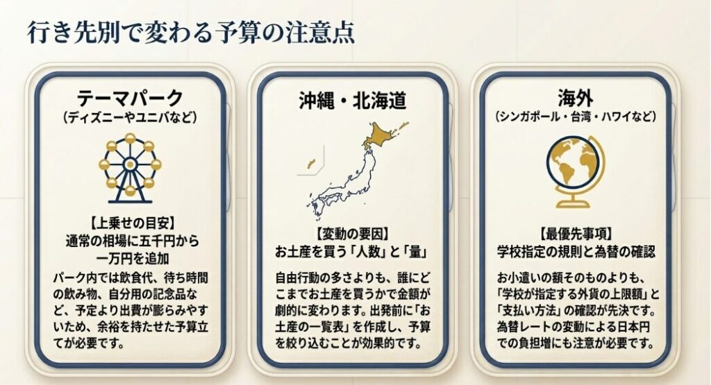 テーマパーク、沖縄・北海道、海外など、修学旅行の行き先別で変わる予算の注意点と上乗せ目安
